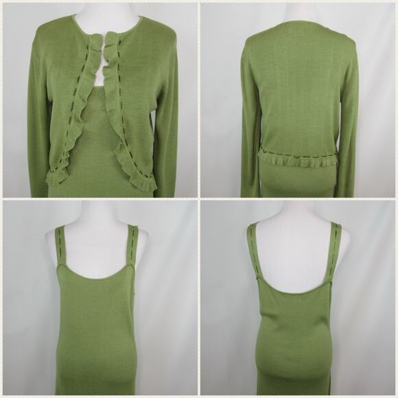 SAINT TROPEZ Green Knit Silk Blend Midi Dress & Ruffle Cardigan Set Size Large - Picture 8 of 14